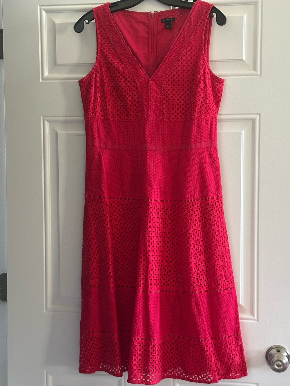 Ann Taylor Red Sleeveless Eyelet V-Neck Fully Lined Dress